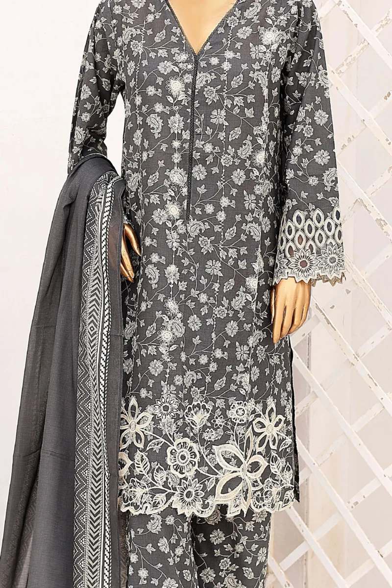 Bin Saeed Stitched 3 Piece Cutwork Emb Lawn Collection'2024-SM-657-Grey - Image 3