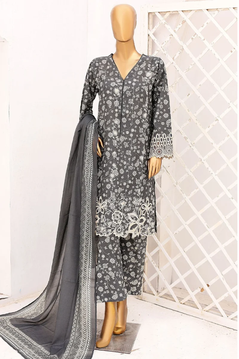 Bin Saeed Stitched 3 Piece Cutwork Emb Lawn Collection'2024-SM-657-Grey