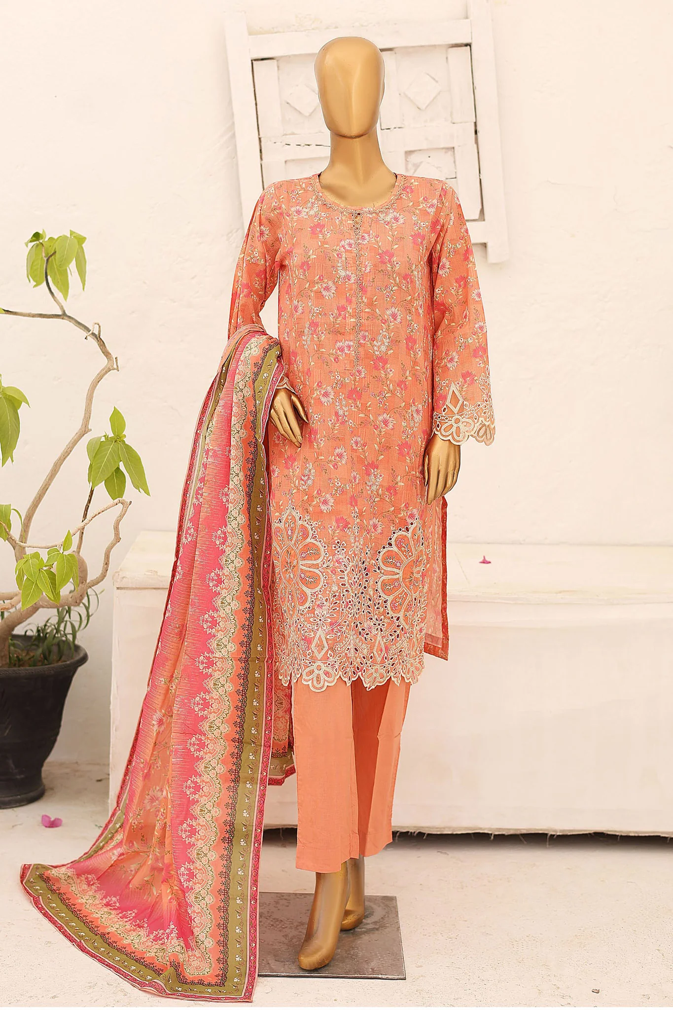 Bin Saeed Stitched 3 Piece Cutwork Emb Lawn Collection'2024-SM-676-Pink