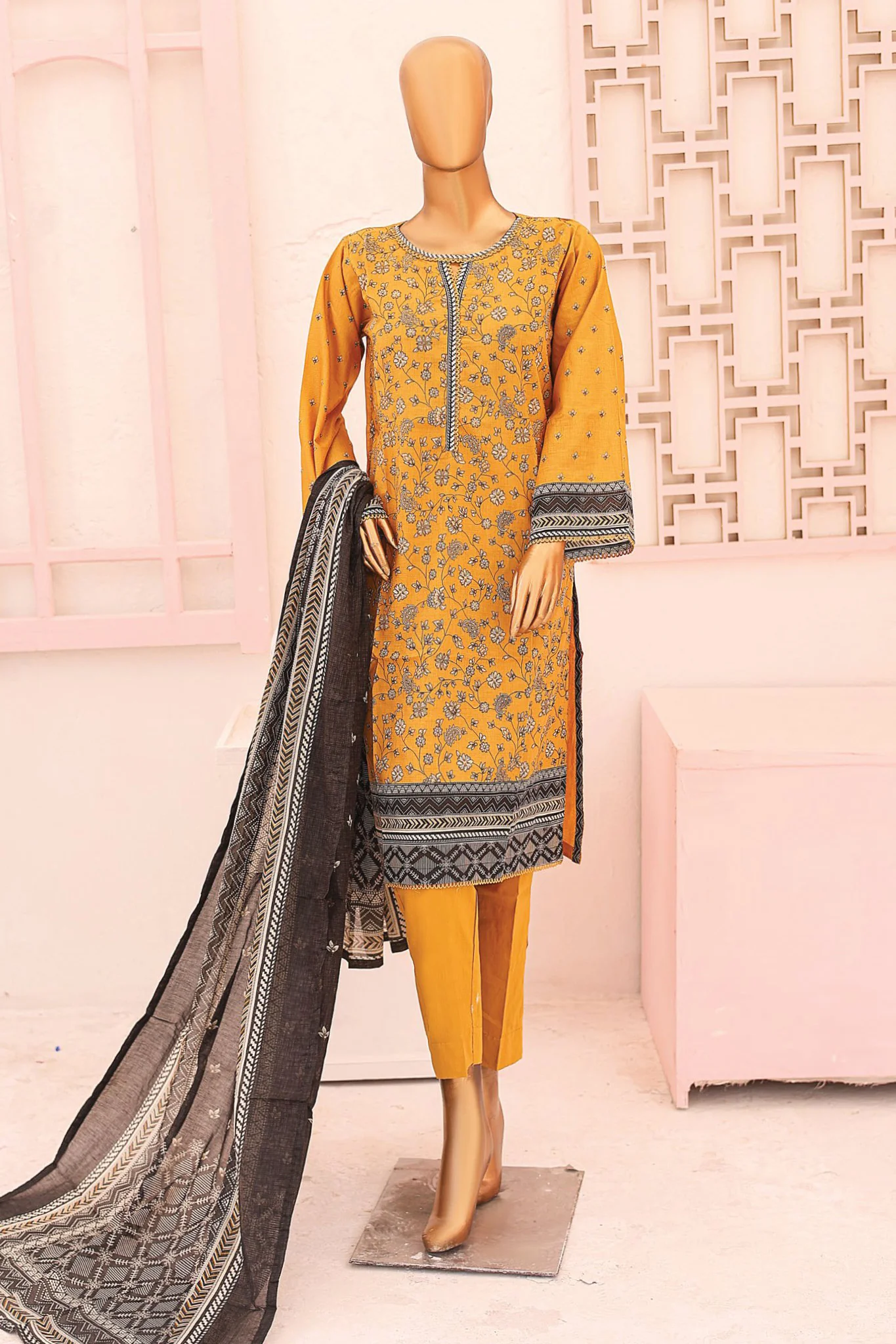 Bin Saeed Stitched 3 Piece Printed Lawn Vol-07 Collection'2024-SM-727-Mustard
