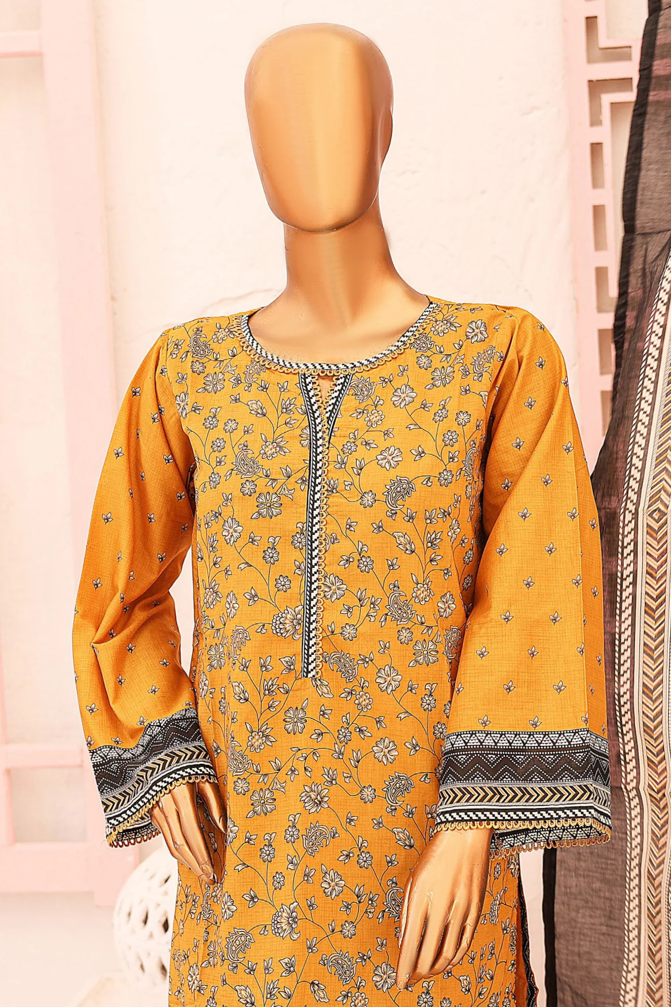 Bin Saeed Stitched 3 Piece Printed Lawn Vol-07 Collection'2024-SM-727-Mustard - Image 2