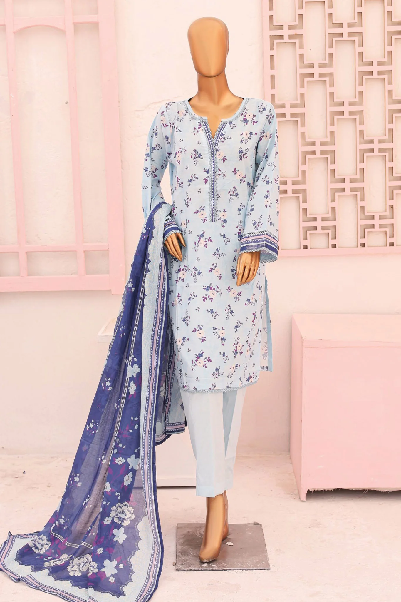 Bin Saeed Stitched 3 Piece Printed Lawn Vol-08 Collection'2024-SM-749-Sky Blue