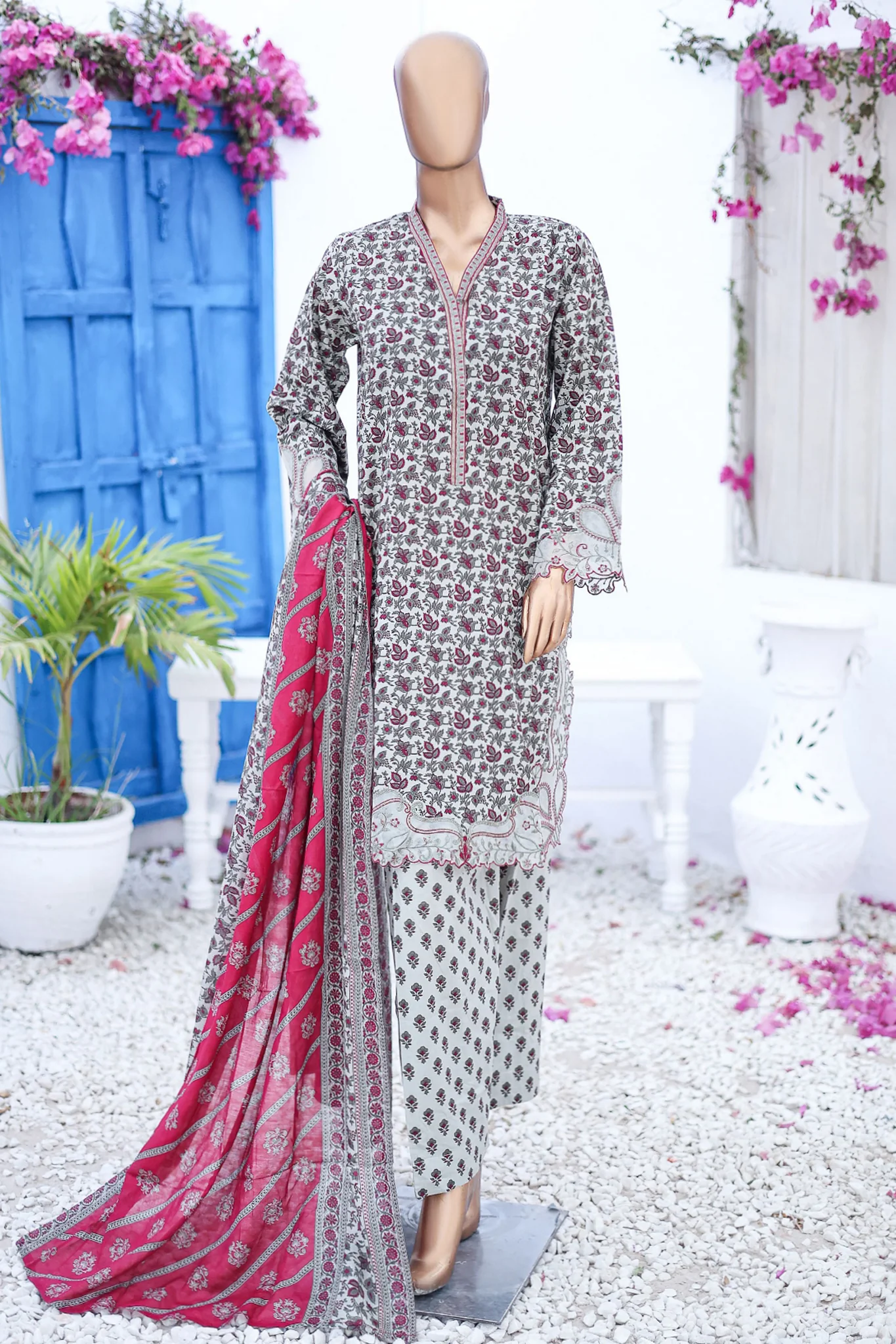 Bin Saeed Stitched 3 Piece Cutworkari Emb Lawn Vol-04 Collection'2024-SM-757-Grey