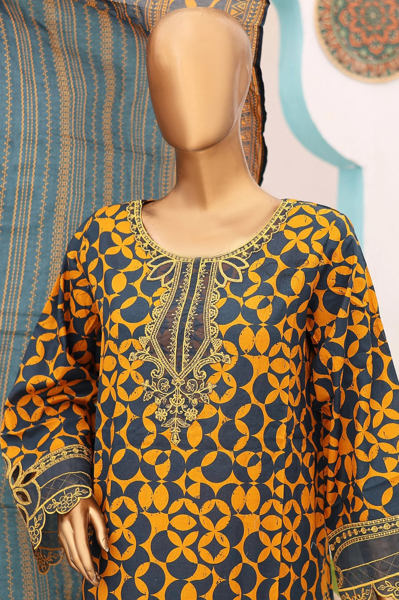 Bin Saeed Stitched 3 Piece Cutworkari Emb Lawn Collection'2024-SM-792-Mustard - Image 2