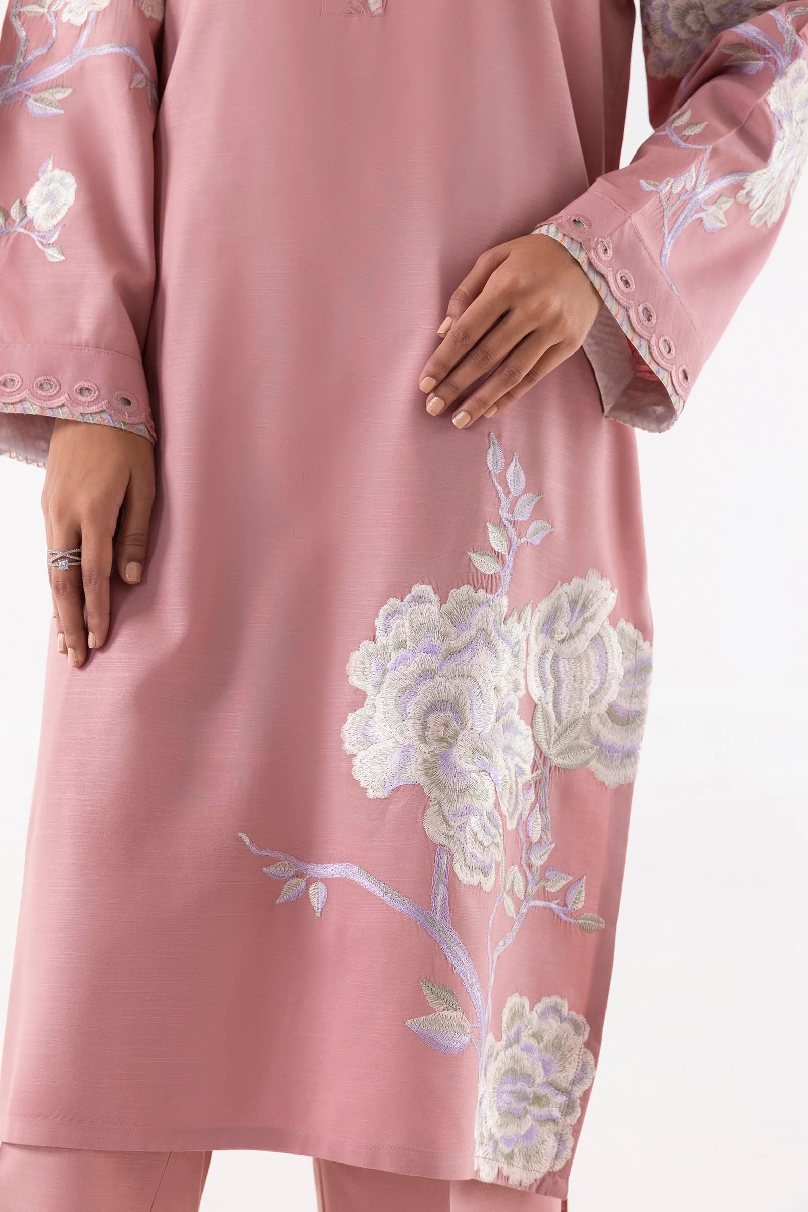 Stitched Tea Pink Embroidered Shirt + Culotte - Image 3