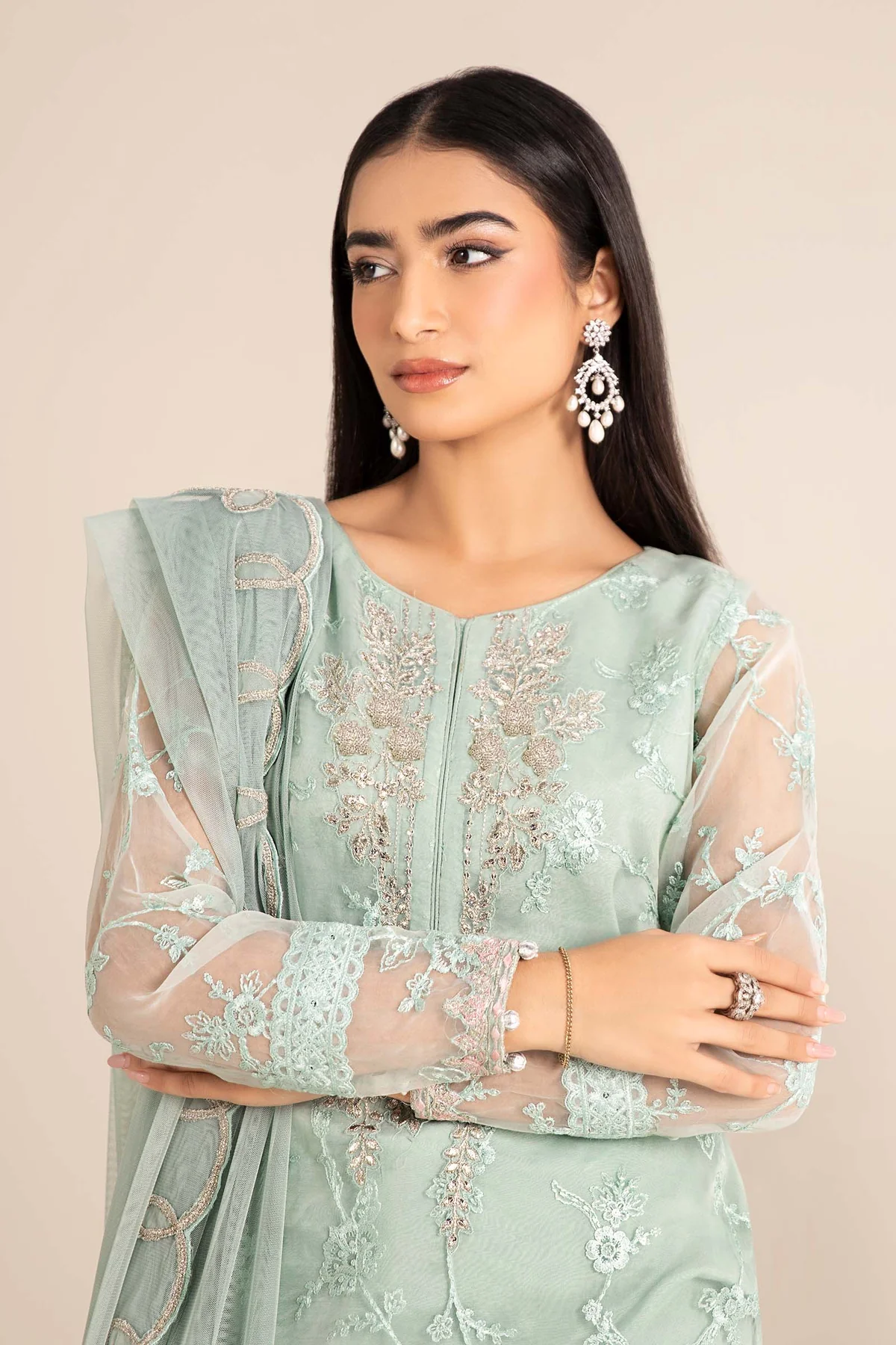 3 Piece Embroidered Cotton Silk Suit | DW-EF25-17 - Image 2