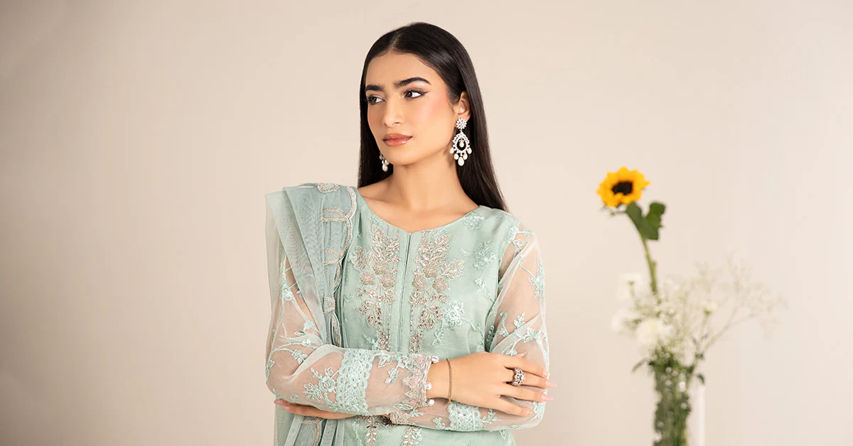 3 Piece Embroidered Cotton Silk Suit | DW-EF25-17 - Image 6
