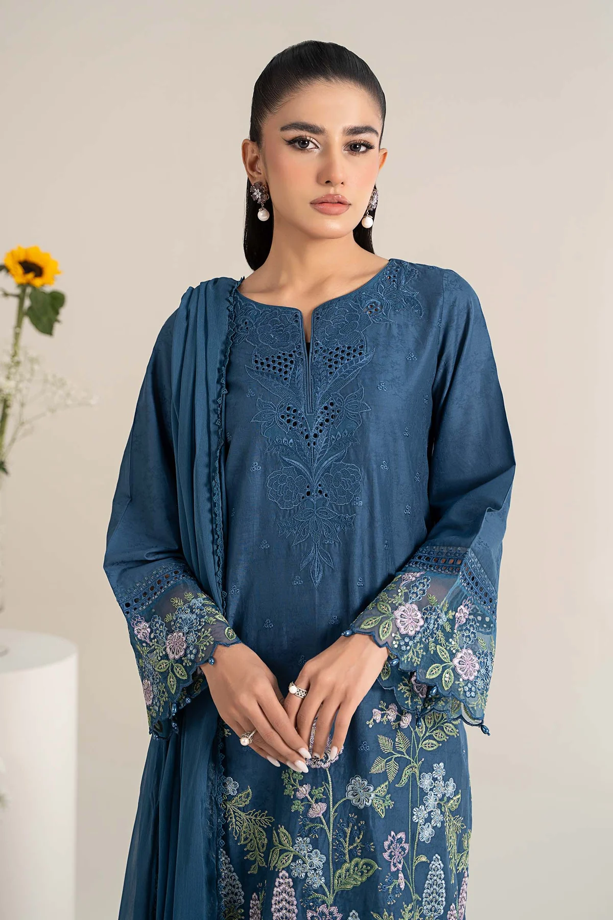 3 Piece Embroidered Self Jacquard Lawn Suit | DW-EF25-45 - Image 3
