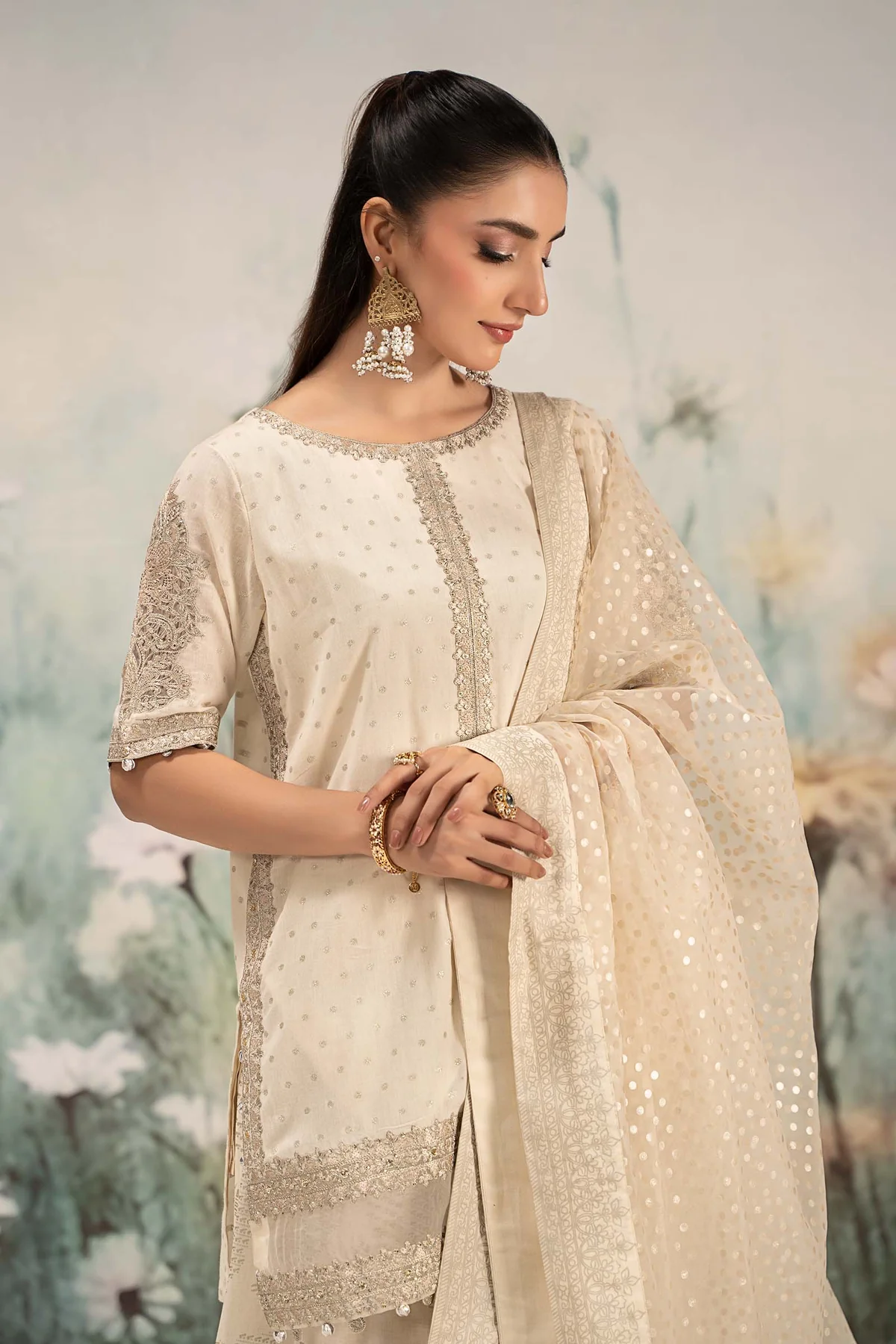3 Piece Embroidered Cotton Lurex Suit | DW-EF25-98 - Image 2