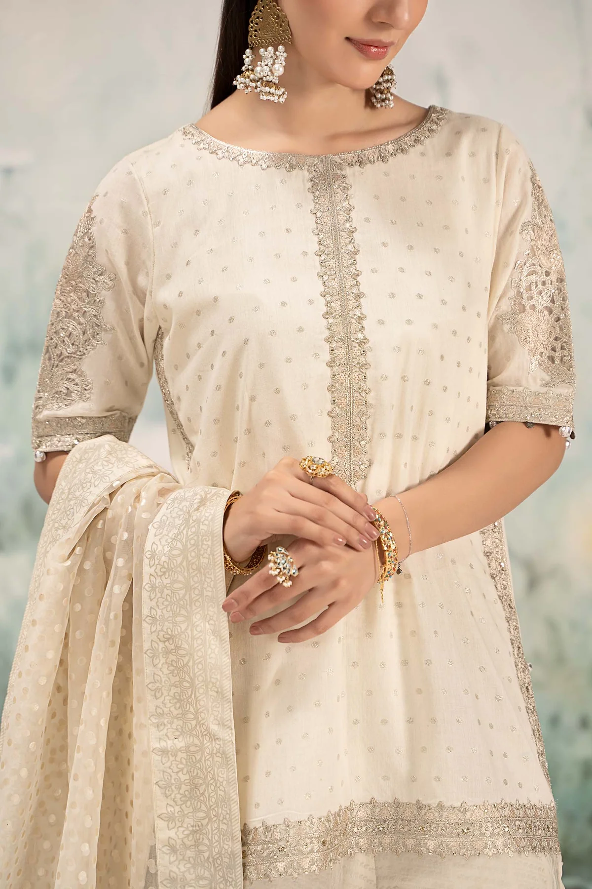 3 Piece Embroidered Cotton Lurex Suit | DW-EF25-98 - Image 4