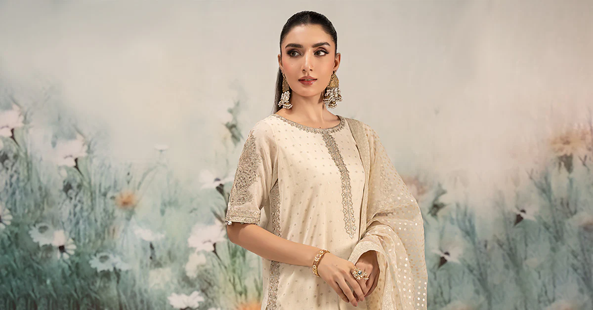 3 Piece Embroidered Cotton Lurex Suit | DW-EF25-98 - Image 9