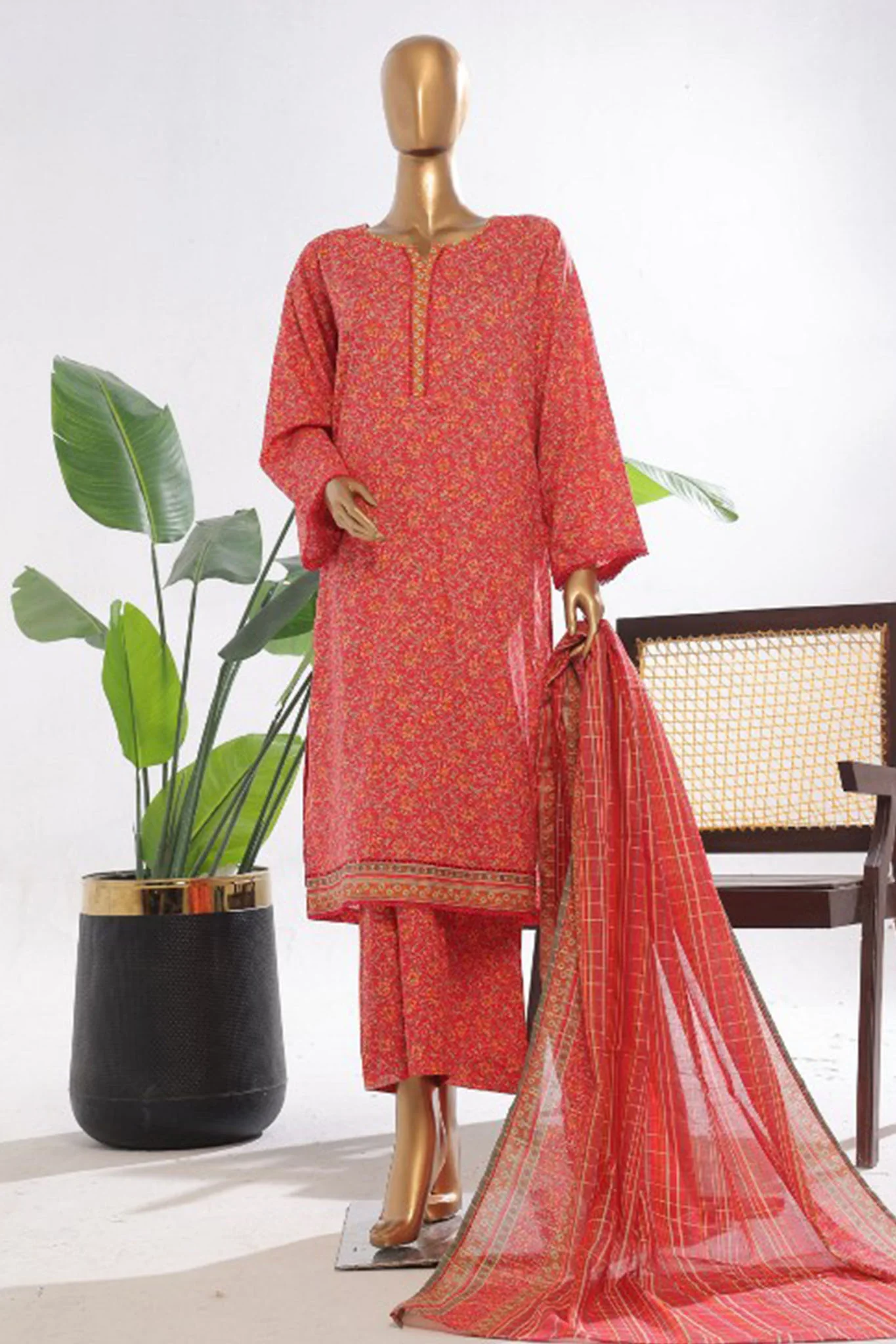 Bin Saeed Stitched 3 Piece Exclusive Printed Lawn Vol-03 Collection'2025-SM-1838-Red