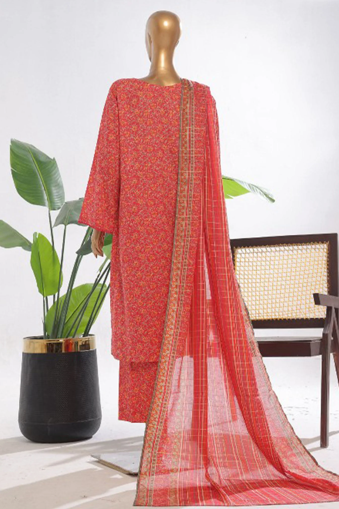 Bin Saeed Stitched 3 Piece Exclusive Printed Lawn Vol-03 Collection'2025-SM-1838-Red - Image 3