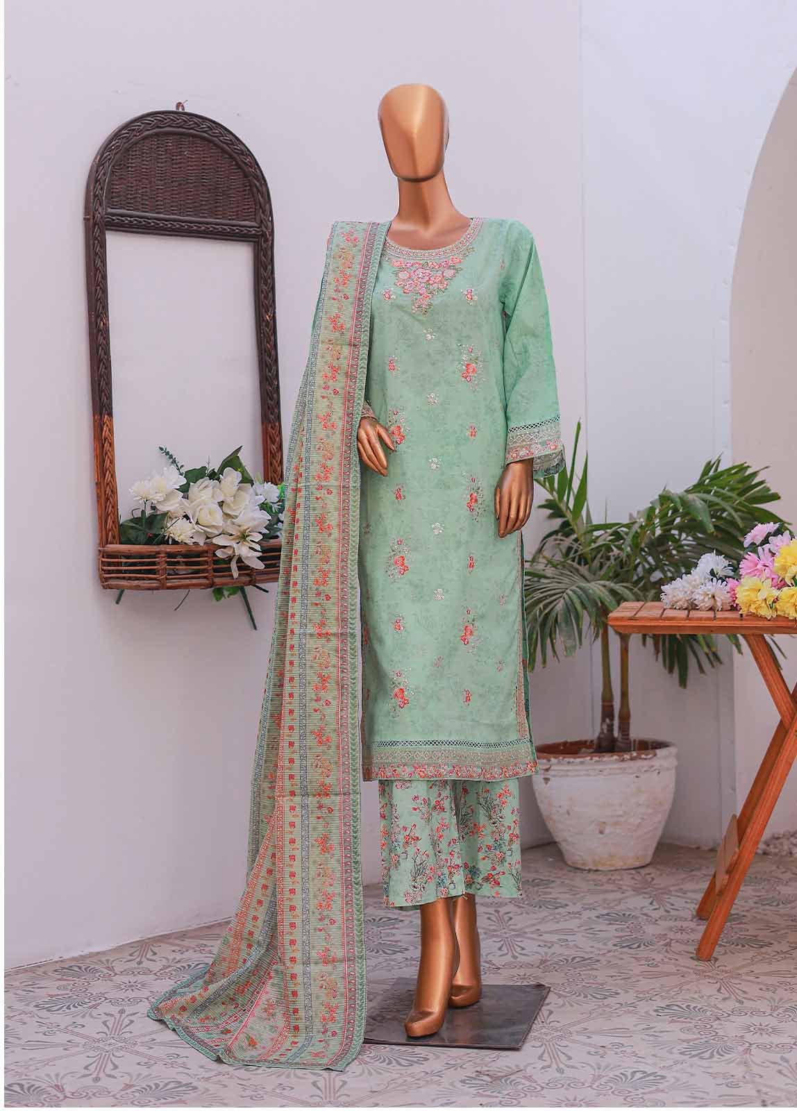 SM-EMB-019A- 3 Piece Printed Embroidered Stitched Suit - Image 2
