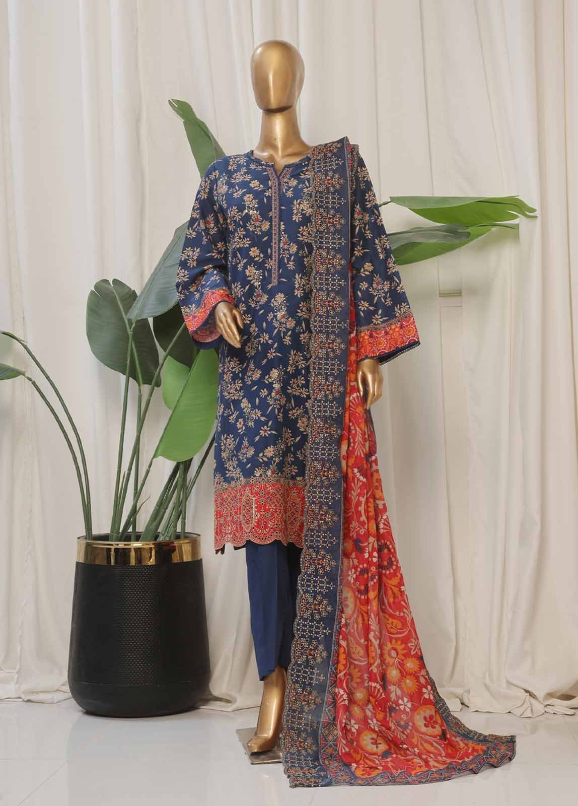 SMED-011- 3 Piece Printed Embroidered Stitched Suit