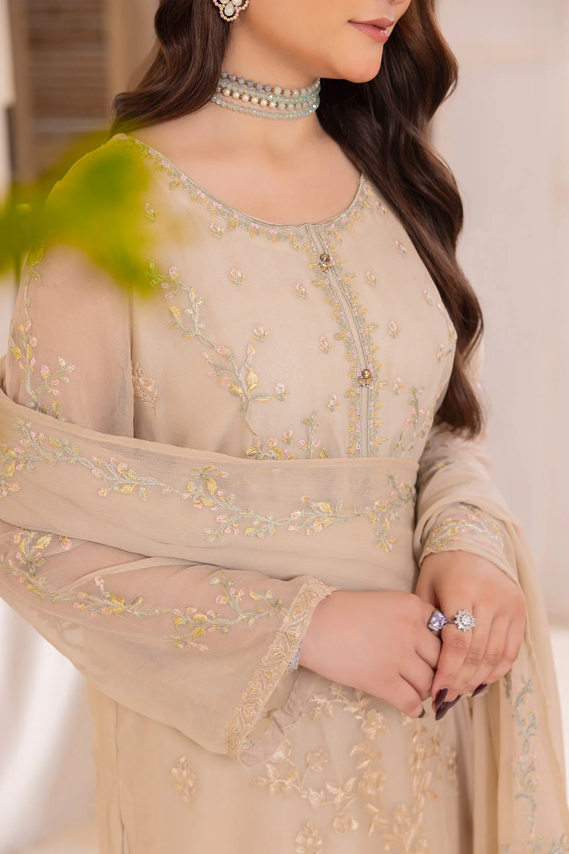 Solid Embroidered Chiffon Stitched 3 Piece - Image 2