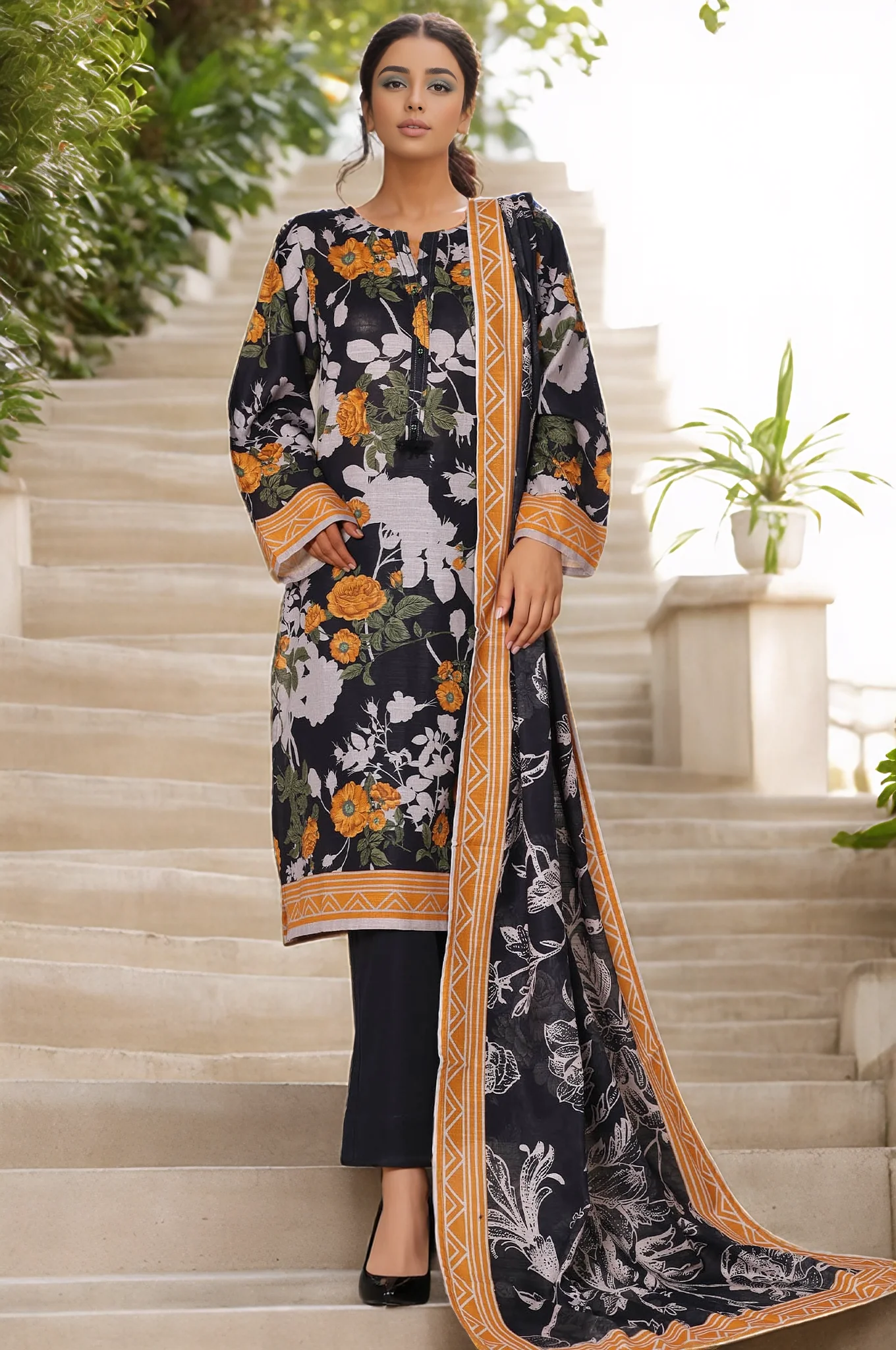 Sold out Sada Bahar Stitched 3 Piece Printed Khaddar Vol-02 Collection'2025-KD-PR-7045-Black