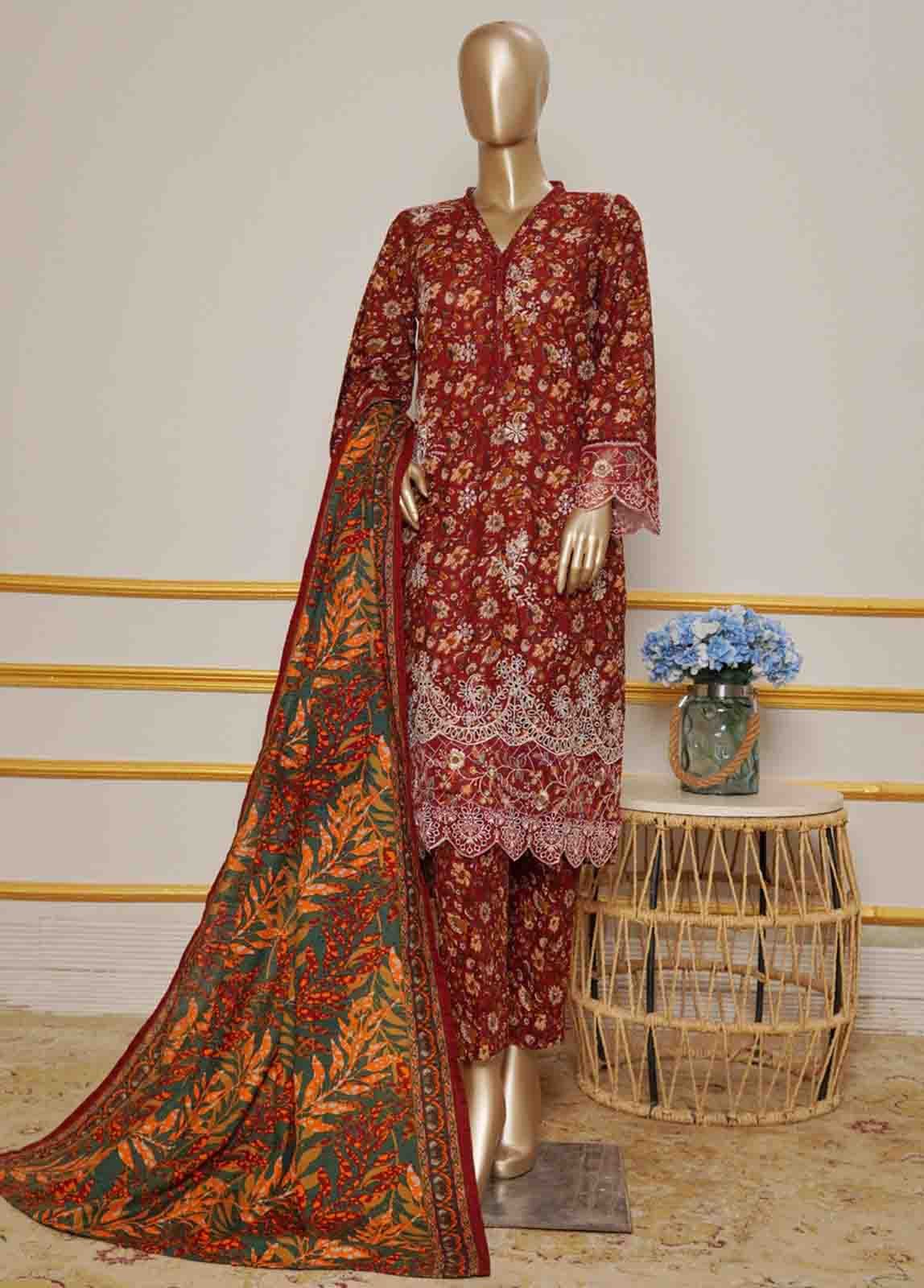 WKE-073- 3 Piece Khaddar Emboidered Stitched Suit - Image 4