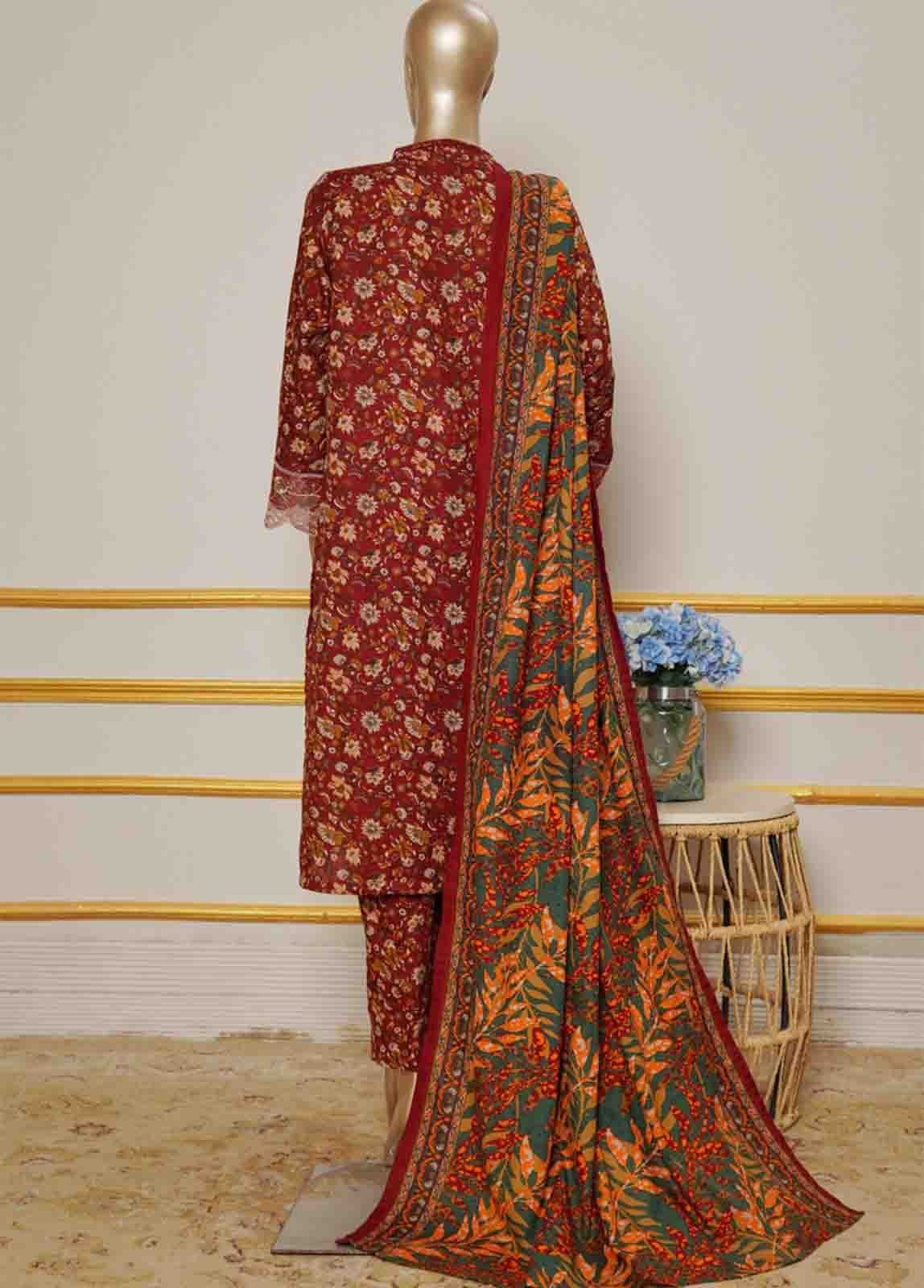 WKE-073- 3 Piece Khaddar Emboidered Stitched Suit - Image 3