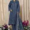 3 Piece Printed Navy Blue Khaddar Frock with Trouser & Dupatta