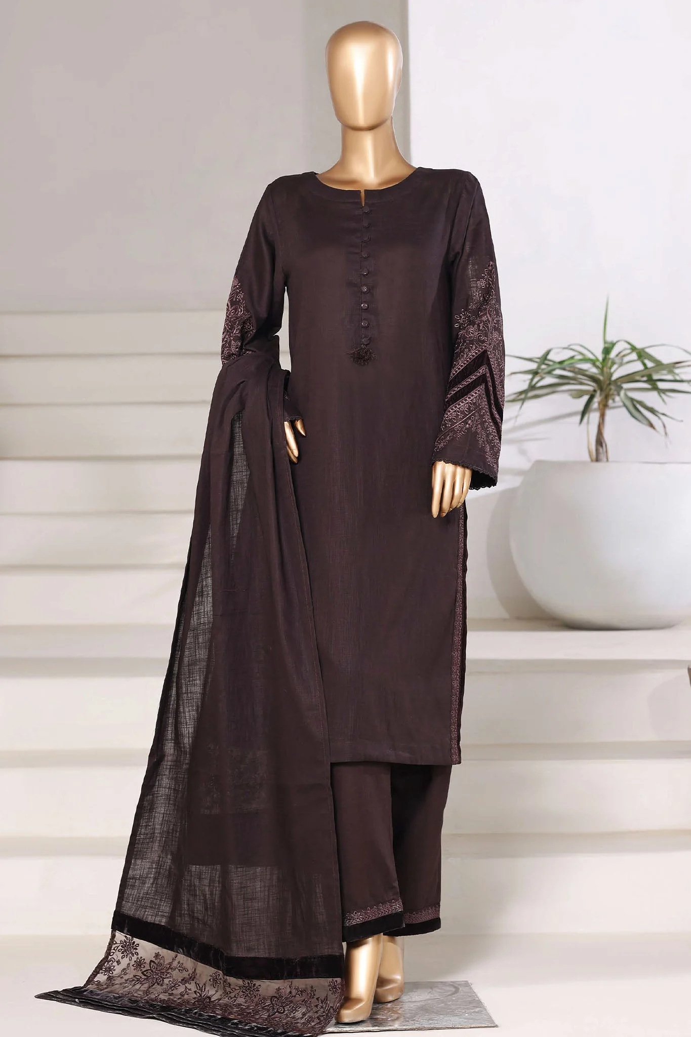 Sada Bahar Sitched 3 Piece Premium Cross Texture With Velvet Collection'2025-PWV-252-Brown