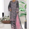 3 Piece Printed Dark Grey & Pink Khaddar Shirt with Trouser & Dupatta